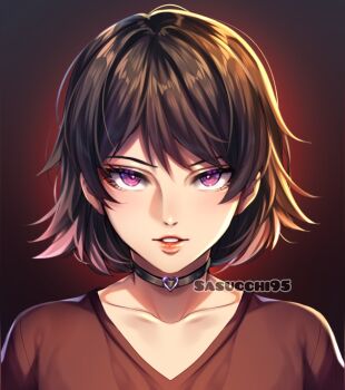 Rule 34 | 1girl, aegyo sal, artist name, black background, black choker, black hair, bright pupils, brown shirt, choker, collarbone, colored tips, commentary, english commentary, eyelashes, flipped hair, hair between eyes, heart, heart choker, highres, looking at viewer, multicolored hair, original, parted lips, pink eyes, pink hair, portrait, red lips, sasucchi95, shirt, sidelighting, simple background, solo, straight-on, swept bangs, teeth, tsurime, two-tone hair, upturned eyes, v-neck, white pupils