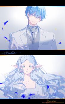 1boy 1girl absurdres beckoning blue_eyes blue_flower blue_rose bouquet braid bride byuey closed_mouth collarbone dress earrings elf flat_chest floating_hair flower formal_clothes french_braid frieren gloves green_eyes grey_hair grey_necktie grey_vest groom hand_up highres himmel_(sousou_no_frieren) jacket jewelry looking_at_viewer mole mole_under_eye necktie parted_bangs petals pointy_ears reaching reaching_towards_viewer rose shirt signature smile sousou_no_frieren split_screen suit upper_body vest wedding wedding_dress white_background white_dress white_flower white_gloves white_hair white_jacket white_rose white_shirt white_suit wing_collar