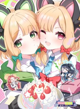 Rule 34 | 4girls, ;d, absurdres, animal ear headphones, animal ears, aqua halo, aris (blue archive), artist name, birthday cake, black tail, blonde hair, blue archive, blue eyes, blue necktie, blush, bow, cake, cat ear headphones, cat ears, cat tail, character name, cheek-to-cheek, chibi, chibi inset, closed mouth, collared shirt, commentary request, dated, fake animal ears, fake tail, flying sweatdrops, food, green background, green bow, green eyes, green halo, green jacket, grey eyes, grey hair, guda da, hair bow, halo, happy birthday, headphones, heads together, highres, holding, holding party popper, hood, hood down, hooded jacket, jacket, long hair, looking at viewer, low-tied sidelocks, midori (blue archive), momoi (blue archive), multicolored jacket, multiple girls, necktie, off shoulder, one eye closed, one side up, open mouth, outline, parted bangs, party popper, pink background, pink eyes, pink halo, pink jacket, red bow, red hair, school uniform, shirt, short hair, short necktie, siblings, sidelocks, sisters, smile, star (symbol), suspenders, tail, teeth, twins, two-tone background, upper body, upper teeth only, very long hair, white jacket, white outline, white shirt, yellow halo, yuzu (blue archive)