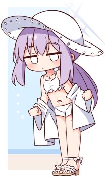1girl absurdres atsuko_(blue_archive) atsuko_(swimsuit)_(blue_archive) bikini bikini_shorts blank_eyes blue_archive blush brown_sandals closed_mouth commentary_request full_body halo hana_kazari hat highres jacket jitome long_hair long_sleeves looking_at_viewer navel off_shoulder open_clothes open_jacket purple_hair sandals shorts solo standing swimsuit white_bikini white_hat white_jacket