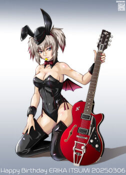1girl animal_ears black_leotard black_thighhighs blue_eyes blush bow bowtie breasts cleavage commentary_request covered_navel demon_wings electric_guitar eyeshadow fake_animal_ears fake_wings girls_und_panzer guitar instrument itsumi_erika kneeling large_breasts leotard lipstick makeup nail_polish nishi_itsumi playboy_bunny rabbit_ears red_nails solo thighhighs white_hair wings