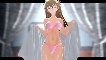 1girl 3d artist_request blue_eyes blush bra breasts brown_hair cleavage clothes_pull coat cowboy_shot curvy hair_between_eyes half-closed_eyes highleg highleg_panties highres indoors large_breasts legs long_hair looking_at_viewer navel neon_genesis_evangelion open_clothes open_coat opened_by_self panties pink_bra pink_panties pulling_own_clothes seductive_gaze seductive_smile shiny_skin simple_background smile solo souryuu_asuka_langley thighs thong twintails two_side_up underwear underwear_only