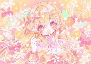 1girl blonde_hair bow flower food food-themed_hair_ornament frills fruit hair_bow hair_flower hair_ornament holding holding_food holding_fruit long_hair looking_at_viewer orange_(fruit) orange_bow orange_eyes orange_hair orange_slice orange_theme original shirt solo symbol-shaped_pupils upper_body white_shirt yellow_eyes zippo_(3756c)