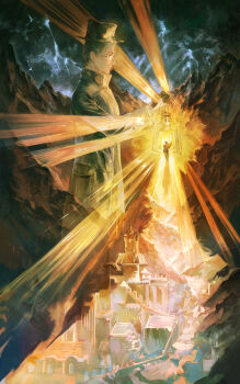 abstract_background absurdres amon_(lord_of_the_mysteries) black_cloak black_robe blonde_hair candlelight cathedral chinese_commentary church cliff cloak cloud commentary_request dark derrick_berg field fog highres ink_(303682546) klein_moretti landscape lord_of_the_mysteries mountain mountainous_horizon opening_door robe rock scenery silver_city sky symbolism tarot the_sun_(tarot)