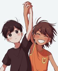 2boys arm_up armpits black_eyes black_hair black_shirt blush brown_hair closed_eyes closed_mouth dark-skinned_male dark_skin dimples holding_hands k_toast kel_(faraway)_(omori) kel_(omori) male_focus multiple_boys omori orange_shirt shirt short_sleeves simple_background sleeveless sleeveless_shirt sunny_(omori) tank_top white_background