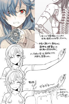 1girl android android_girl_aki blush cable convenient_censoring damaged embarrassed exposed_internal_machinery exposed_muscle convenient_hair hair_over_one_eye highres itou_(onsoku_tassha) joints leaking machinery mechabare mechanical_arms nude original robot_joints seams single_mechanical_arm tears translation_request upper_body wavy_hair