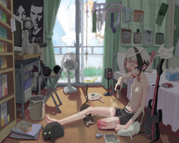 1girl alcohol amputee animal apartment ashtray barefoot bed bedroom beer bikko black_streak blue_eyes bookshelf breasts cat cigarette cigarette_pack computer computer_keyboard cup desk drugs electric_fan electric_guitar feet female_focus guitar hand_fan headphones instrument lighter magazine_(object) marijuana medium_breasts multicolored_hair navel nipples one-eyed original paper_fan pillow room roomscape scar scar_across_eye scar_on_face short_hair sitting smile smoking solo table tissue tissue_box too_many too_many_cats topless_female trash_can two-tone_hair uchiwa underage_drinking wheelchair yoshida_on