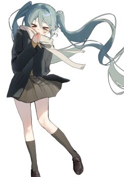 &gt;_&lt; 1girl blue_hair breath closed_eyes commentary full_body hatsune_miku highres iam_yuragi jacket loafers long_hair long_sleeves open_mouth own_hands_together scarf shoes sleeves_past_wrists socks solo symbol-only_commentary twintails very_long_hair vocaloid wind