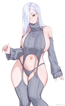 1girl alternate_costume areola_slip blue_lips breasts detached_sleeves dopirin earrings fate/grand_order fate_(series) grey_panties grey_sweater grey_thighhighs hair_over_one_eye highres jewelry lipstick long_hair makeup mrs._snake_(fate) navel panties sideboob simple_background slit_pupils smile stomach sweater thighhighs thighs underwear virgin_destroyer_sweater white_background white_hair yellow_eyes