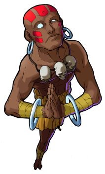 Rule 34 | 1boy, absurdres, bald, barefoot, bengus, bindi, dark skin, dhalsim, earrings, extendable limbs, facepaint, from above, full body, game cg, half-closed eye, highres, jewelry, leg wrap, looking at viewer, male focus, marvel super heroes vs. street fighter, marvel vs. capcom, muscular, necklace, no pupils, non-web source, official art, own hands together, rope belt, scan, shorts, simple background, skull necklace, solo, street fighter, torn clothes, torn shorts, white background, wrist wrap