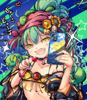 1girl :d absurdres aqua_nails bare_shoulders camisole candy cellphone choker collarbone detached_sleeves fang flower food green_hair grey_choker hair_between_eyes hair_flower hair_ornament half-closed_eyes headband heart highres himegami_kagura holding holding_candy holding_food holding_phone long_hair looking_at_viewer ms06s naughty_face official_art one_eye_closed open_mouth phone ponytail shosei_(himegami_kagura) skin_fang smartphone smile snake solo standing taking_picture upper_body wide_sleeves yellow_eyes