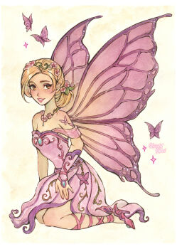 1girl barbie:_mariposa_and_her_butterfly_fairy_friends barbie_(character) barbie_(franchise) blonde_hair brown_eyes bug butterfly butterfly_wings commentary dress eyelashes fairy fairy_wings flower hair_bun hair_flower hair_ornament high_heels highres insect insect_wings kuridel mariposa_(barbie) pink_dress pink_wings solo sparkle traditional_media wings