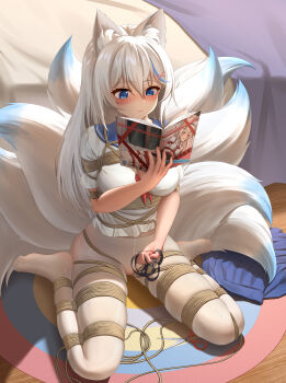 absurdres animal_ear_fluff animal_ears ball_gag bdsm blue_eyes blue_hair blush bondage book bound breasts collared_shirt frogtie frostbite_(artist) gag gag_harness grey_hair highres indoors kitsune kyuubi long_hair medium_breasts midriff_peek multicolored_hair multiple_tails original pantyhose pleated_skirt reading sailor_collar self_bondage shibari shibari_over_clothes shirt sitting skindentation skirt streaked_hair tail very_long_hair wariza white_pantyhose white_shirt wiffle_gag