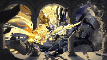 4boys 6+girls absurdres aglaea_(honkai:_star_rail) alternate_form anaxa_(honkai:_star_rail) architecture asymmetrical_wings bare_pectorals battle black_cloak black_shirt black_wings blonde_hair castorice_(honkai:_star_rail) cipher_(honkai:_star_rail) clawed_gauntlets cloak commentary cracked_skin dual_persona english_commentary flame_reaver_of_the_deepest_dark greco-roman_architecture hair_between_eyes halo halo_behind_head highres holding holding_sword holding_weapon honkai:_star_rail honkai_(series) hood hood_up hooded_cloak hyacine_(honkai:_star_rail) material_growth multiple_boys multiple_girls mydei_(honkai:_star_rail) pectorals phainon_(honkai:_star_rail) phainon_(khaslana)_(honkai:_star_rail) shirt short_hair silhouette sword torn_clothes torn_shirt trianne_(honkai:_star_rail) tribbie_(honkai:_star_rail) trinnon_(honkai:_star_rail) weapon wings yellow_blood yellow_eyes yellow_wings zephyere