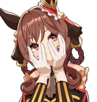 1girl animal_ears bare_shoulders braid braided_hair_rings brown_hair closed_mouth gentildonna_(regina_dei_fiori)_(umamusume) gentildonna_(umamusume) gloves hair_rings head_tilt heart_ear_ornament horse_ears horse_girl long_hair looking_to_the_side nieto_tokage red_eyes see-through_cleavage see-through_clothes simple_background smile solo tail umamusume upper_body white_background white_gloves