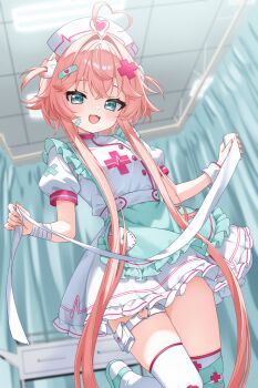 1girl 4kimizuki absurdly_long_sidelocks absurdres ahoge apron bandaged_wrist bandages bandaid bandaid_hair_ornament bandaid_on_cheek bandaid_on_face blurry breasts ceiling ceiling_light commentary commission cowboy_shot crossed_bangs curtains depth_of_field dress dutch_angle english_commentary fang flipped_bangs frilled_apron frilled_dress frilled_straps frills green_apron green_eyes green_sandals hair_flaps hair_intakes hair_ornament half-closed_eyes hands_up hat heart heart_ahoge heart_o-ring high-waist_dress highres holding holding_bandages indie_virtual_youtuber indoors infirmary knee_up light_blush light_smile looking_at_viewer nurse nurse_cap o-ring o-ring_thigh_strap open_mouth pink_hair pink_trim pouch puffy_short_sleeves puffy_sleeves raised_eyebrows sandals second-party_source short_dress short_hair_with_long_locks short_sleeves single_wrist_cuff skeb_commission skin_fang small_breasts solo standing standing_on_one_leg tachi-e thigh_pouch thigh_strap thighhighs tile_ceiling tiles two_side_up w_arms waist_apron white_dress white_hat white_thighhighs wrist_cuffs x_hair_ornament yume_kuzukawa