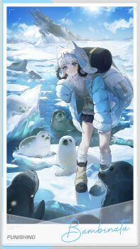 1girl absurdres animal_hat backpack bag bambinata_(pgr) bear_hat black_boots black_hat black_shirt blue_eyes blue_jacket boots brown_vest character_name cloud commentary copyright_name day english_commentary full_body gloves hair_ornament hair_rings hat heart heart_hair_ornament heart_in_eye highres jacket leaning_forward long_sleeves looking_at_viewer miniskirt official_art outdoors padded_jacket parted_lips picture_frame pleated_skirt pom_pom_(clothes) pom_pom_hat_ornament punishing:_gray_raven rock seal_(animal) shirt short_hair skirt sky sleeves_past_wrists snow snowflake_print socks solo standing sun sweater symbol_in_eye turtleneck turtleneck_sweater vest water white_bag white_gloves white_hair white_socks white_sweater