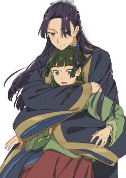 1boy 1girl arm_around_neck beads black_robe blue_eyes blunt_bangs bun_cover chinese_clothes closed_mouth dangomochi2 dark_skin green_hair green_shirt hair_beads hair_bun hair_ornament half_updo hetero highres hug hug_from_behind jinshi_(kusuriya_no_hitorigoto) kusuriya_no_hitorigoto light_blush light_smile maomao_(kusuriya_no_hitorigoto) open_mouth parted_bangs purple_eyes purple_hair robe shirt sidelocks upper_body white_background wide_sleeves
