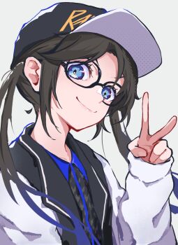 1girl black_hair blue_eyes glasses goma_(gogo_gowa) hand_up hat highres houndstooth idolmaster idolmaster_shiny_colors jacket long_hair long_sleeves mitsumine_yuika multicolored_jacket simple_background smile solo twintails two-tone_hat two-tone_jacket two-tone_shirt v