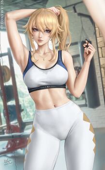 1girl arm_up bare_shoulders bench bench_press blonde_hair blue_eyes bra breasts cleavage closed_mouth commentary crop_top earrings english_commentary genshin_impact gym hair_tie high-waist_pants highres indoors jean_(genshin_impact) jewelry leggings lips looking_at_viewer medium_breasts midriff mirror navel necklace pants pink_lips plate ponytail punching_bag sciamano240 skin_tight skindentation sleeveless solo sports_bra sportswear sweat sweatdrop thick_lips thick_thighs thighs two-tone_sports_bra tying_hair underwear weights white_bra white_leggings