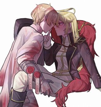 1boy 1girl arm_at_side armor between_legs black_jacket black_sleeves blonde_hair blood blood_on_clothes closed_mouth coat coat_on_shoulders collared_jacket don_quixote_(project_moon) expressionless face-to-face facing_another finger_to_mouth fur_shawl gauntlets hashtag-only_commentary hetero high_collar index_finger_raised jacket lapels layered_sleeves limbus_company long_hair long_sleeves looking_at_another meng_luoo n_corp._fanatic_(identity)_(project_moon) open_clothes open_jacket pants pauldrons project_moon red_eyes sancho_(project_moon) shawl shoulder_armor sinclair_(project_moon) single_pauldron sitting thigh_grab tsurime wax_seal white_background white_coat white_pants white_sleeves