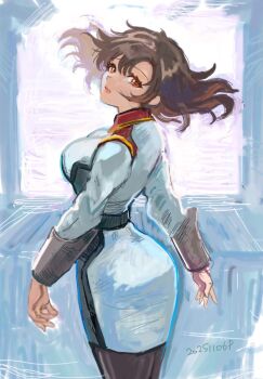 1girl breasts brown_hair closed_mouth commentary dated expressionless from_behind gundam gundam_seed highres large_breasts long_hair long_sleeves looking_at_viewer military military_uniform murrue_ramius okrdisk2000 orange_eyes pencil_skirt shirt skirt solo standing symbol-only_commentary