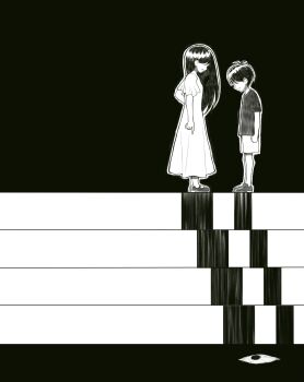 1boy 1girl absurdres alternate_costume antenna_hair brother_and_sister dress greyscale highres loafers long_hair mari_(faraway)_(omori) mari_(omori) monochrome no_eyes omori open_mouth outline shirt shoes short_hair short_sleeves shorts siblings something_(omori) spoilers stairs sunny_(omori) t-shirt tsuno_(ikkakusu)