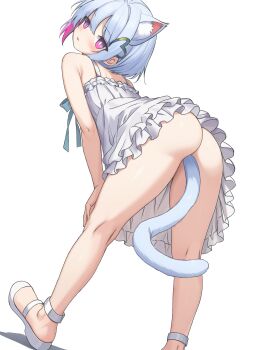 1girl absurdres anal_beads anal_tail animal_ear_fluff animal_ears armpit_crease ass back bare_legs bare_shoulders bent_over blush bright_pupils butt_plug cat_ears cat_girl cat_tail dohna_dohna_issho_ni_warui_koto_o_shiyou dress dutch_angle fake_tail foot_out_of_frame frilled_dress frills from_behind ghost_villager grey_hair hair_between_eyes hair_ornament hand_on_own_knee head_tilt heart heart_hair_ornament highres kemonomimi_mode kneepits legs loli looking_at_viewer looking_back mary_janes medium_hair multicolored_hair no_panties no_socks pink_eyes porno_(dohna_dohna) purple_streaks shoes simple_background sleeveless sleeveless_dress solo standing streaked_hair sundress tail thighs white_background white_dress white_pupils