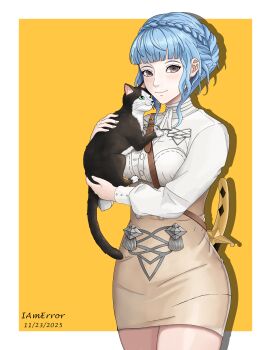 1girl absurdres animal blue_hair blush braid breasts brown_eyes brown_skirt cat closed_mouth crown_braid fire_emblem fire_emblem:_three_houses garreg_mach_monastery_uniform highres holding holding_animal holding_cat iamerror14 long_sleeves marianne_von_edmund marianne_von_edmund_(summer_wear) medium_breasts nintendo official_alternate_costume shirt skirt smile standing summer_uniform sword thighs weapon white_shirt yellow_background