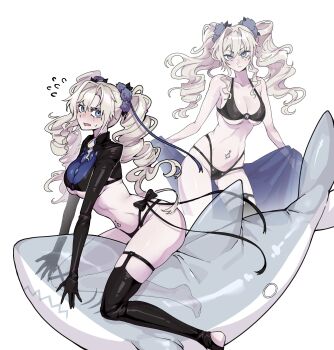 1girl bikini black_bikini black_shrug blush breasts curvy ddwiyong fate/grand_order fate_(series) flower hair_flower hair_ornament highres inflatable_shark inflatable_toy kriemhild_(fate) kriemhild_(swimsuit_rider)_(fate) kriemhild_(swimsuit_rider)_(first_ascension)_(fate) large_breasts long_hair long_sleeves mole mole_under_eye navel_piercing piercing shark shiny_skin shrug_(clothing) swimsuit thong_bikini twintails underboob white_hair wide_hips