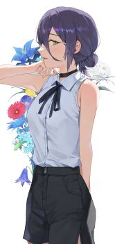 1girl absurdres black_choker black_hair black_ribbon black_shorts chainsaw_man choker collared_shirt cowboy_shot dawon flower from_side green_eyes grenade_pin hair_between_eyes hair_bun hand_up highres long_hair_between_eyes looking_at_viewer neck_ribbon open_mouth profile reze_(chainsaw_man) ribbon shirt shirt_tucked_in shorts simple_background sleeveless sleeveless_shirt solo white_background white_shirt