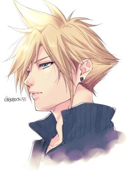 1boy blonde_hair blue_eyes blue_shirt closed_mouth cloud_strife commentary_request earrings fenrir_(final_fantasy) final_fantasy final_fantasy_vii final_fantasy_vii_advent_children gogochi55 highres jewelry male_focus popped_collar portrait ribbed_sweater shirt short_hair simple_background solo spiked_hair stud_earrings sweater twitter_username upper_body white_background zipper