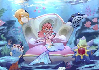 1girl air_bubble bikini bikini_top_only blue_eyes bubble coral crossover cushion fins fish floating_hair full_body gen_1_pokemon gen_2_pokemon gen_3_pokemon hair_ornament jewelry long_hair looking_at_viewer luvdisc mermaid mermaid_misty_(pokemon) misty_(pokemon) monster_girl navel necklace nintendo ocean open_mouth orange_hair pearl_hair_ornament pillow pink_hair pokemon pokemon_(anime) pokemon_(classic_anime) pokemon_(creature) pokemon_rgby poliwhirl psyduck seashell seaweed shell shell_bikini sidelocks sitting smile star_(symbol) starfish starmie swimsuit togepi turtle underwater water