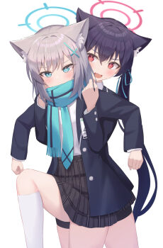 2girls animal_ear_fluff animal_ears bike_shorts black_hair black_jacket black_shorts black_skirt blue_archive blue_eyes blue_halo blue_ribbon blue_scarf blush cat_ears cat_girl clenched_hands commentary_request covered_mouth cowboy_shot cross_hair_ornament eyelashes fang fighting_stance fringe_trim fuka_kurotsuji grabbing_from_behind grey_hair hair_between_eyes hair_ornament hair_ribbon halo highres id_card jacket kneehighs long_hair long_sleeves looking_at_another looking_at_viewer medium_hair miniskirt mismatched_pupils multiple_girls open_clothes open_jacket open_mouth panties peeking_out pink_halo plaid_clothes plaid_skirt pleated_skirt red_eyes red_pupils ribbon scarf school_uniform serika_(blue_archive) shiroko_(blue_archive) shirt shorts shorts_under_skirt simple_background skin_fang skirt slit_pupils socks standing standing_on_one_leg sweatdrop tsurime underwear v-shaped_eyebrows very_long_hair white_background white_panties white_shirt white_socks wolf_ears wolf_girl