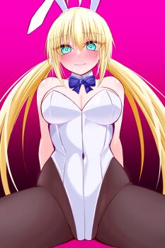 Rule 34 | 1girl, absurdres, ahoge, animal ears, artoria caster (fate), artoria pendragon (fate), bare shoulders, blonde hair, blush, bow, bowtie, breasts, brown pantyhose, cleavage, commentary request, covered navel, detached collar, fake animal ears, fate/grand order, fate (series), green eyes, highleg, highleg leotard, highres, leotard, long hair, looking at viewer, mcpc zamurai, medium breasts, pantyhose, playboy bunny, rabbit ears, solo, spread legs, thighs, twintails, white leotard