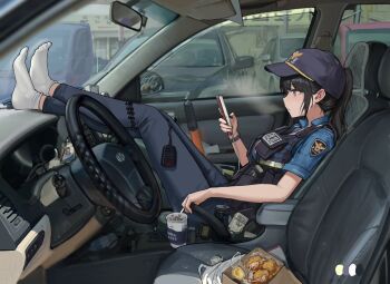 1girl baseball_cap black_hair black_hat black_pants blue_shirt brown_eyes car_interior cigarette color_guide from_side hat highres holding holding_cigarette holding_phone load_bearing_vest mole mole_on_neck original pants phone police police_uniform policewoman ponytail sawkm shirt sitting socks solo white_socks