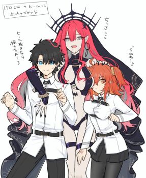 1boy 2girls arm_over_shoulder baobhan_sith_(fate) baobhan_sith_(second_ascension)_(fate) bare_shoulders black_gloves black_hair black_nails blue_eyes breasts brown_eyes chaldea_uniform command_spell commentary_request detached_sleeves elbow_gloves fate/grand_order fate_(series) fujimaru_ritsuka_(female) fujimaru_ritsuka_(male) gloves gluteal_fold grey_eyes hair_between_eyes hand_on_another's_head height_difference highres hug hug_from_behind long_hair looking_at_viewer multiple_girls nail_polish open_mouth orange_hair pantyhose pointy_ears red_hair short_hair side_ponytail smile tall_female thigh_gap translation_request veil yukihara_sbgd