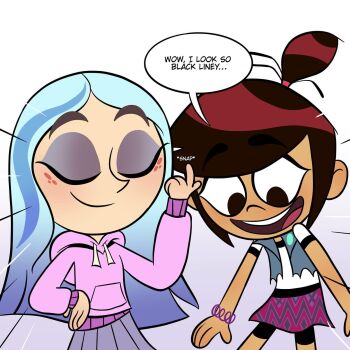 2girls andrea_davenport closed_eyes closed_mouth commentary drawstring english_commentary english_text eyeshadow freckles hand_on_own_hip highres hood hoodie joseartcentenoofficial makeup molly_mcgee multiple_girls open_mouth pink_hoodie raised_eyebrows ringer_t-shirt speech_bubble the_ghost_and_molly_mcgee torn_vest