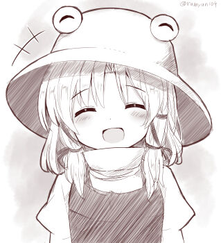 Rule 34 | +++, 1girl, :d, ^ ^, closed eyes, commentary request, greyscale, hat, highres, looking at viewer, medium hair, monochrome, moriya suwako, open mouth, ramudia (lamyun), shirt, smile, solo, touhou, tree, twitter username, upper body, vest