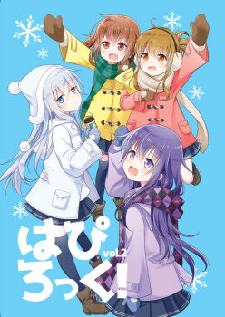 4girls :d ahoge akatsuki_(kancolle) alternate_costume argyle_clothes argyle_scarf arm_hug arm_up black_socks black_thighhighs blue_background blue_eyes blue_hair blue_mittens blue_skirt blush brown_eyes brown_hair brown_mittens coat comiket_91 commentary_request earmuffs fang folded_ponytail from_side full_body fur-trimmed_headwear fur_trim green_scarf hair_between_eyes hair_ornament hairpin hand_up hat hibiki_(kancolle) highres ikazuchi_(kancolle) inazuma_(kancolle) kantai_collection kneehighs long_hair long_sidelocks looking_at_viewer medium_hair miniskirt mittens motohara_moka multiple_girls open_mouth pleated_skirt purple_coat purple_eyes purple_hair purple_skirt red_coat scarf shirt sidelocks simple_background skirt smile snowflakes socks thighhighs translation_request turning_head white_coat white_shirt winter_clothes yellow_coat