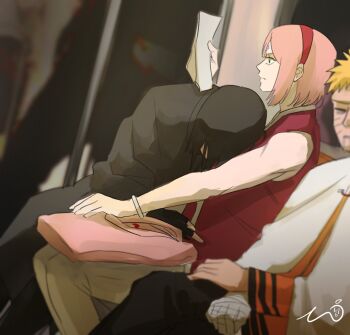 1girl 2boys bandaged_arm bandages black_hair boruto:_naruto_next_generations bracelet cape commentary_request drooling facial_mark fingerless_gloves forehead_mark frown gloves green_eyes haruno_sakura highres holding holding_paper husband_and_wife jewelry korean_commentary may_c multiple_boys naruto_(series) paper pink_hair reading signature sleeping sleeping_upright train_interior uchiha_sasuke uzumaki_naruto whisker_markings white_cape