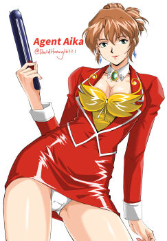 1girl agent_aika aika_(series) artist_name blue_eyes breasts brooch brown_hair bustier commentary copyright_name crotch_seam david_huang detached_collar earrings folded_ponytail highres jacket jewelry lipstick looking_at_viewer makeup medium_breasts open_mouth panties ponytail red_jacket red_skirt skirt smile solo standing stun_gun sumeragi_aika traditional_media twitter_username underwear weapon white_panties