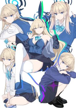 Rule 34 | 1girl, absurdres, animal ears, arms up, bare shoulders, black shoes, black skirt, black socks, blonde hair, blue archive, blue bow, blue halo, blue shoes, blue streaks, blue sweater, blunt bangs, bow, braid, breasts, candy, collared shirt, commentary request, crossed legs, detached collar, double v, fake animal ears, fingernails, food, halo, high heels, highres, holding, holding candy, holding food, holding lollipop, jacket, legs, loafers, lollipop, long fingernails, long hair, long sleeves, looking at viewer, medium breasts, off-shoulder jacket, off shoulder, playboy bunny, rabbit ears, shirt, shoes, simple background, sitting, skirt, sleeves past wrists, socks, squatting, sweater, sweater vest, thighhighs, thighs, tnr (horiko1525), toki (blue archive), toki (bunny) (blue archive), toki (school uniform) (blue archive), v, white background, white shirt