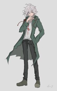 Rule 34 | 1boy, black pants, brown shoes, collarbone, danganronpa (series), danganronpa 2: goodbye despair, green jacket, grey background, grey hair, hand up, highres, hood, hood down, jacket, komaeda nagito, long sleeves, male focus, medium hair, messy hair, open clothes, open jacket, pants, print shirt, sake semi, shirt, shoes, simple background, solo, standing