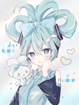 1girl absurdres aqua_eyes aqua_hair aqua_necktie aqua_trim arms_at_sides bare_shoulders black_sleeves blue_bow bow cinnamiku cinnamoroll cloud_hair_ornament collared_shirt commentary crossed_bangs detached_sleeves folded_twintails frilled_shirt_collar frilled_sleeves frills fuwa_fuwa_cinnamoroll grey_shirt hair_between_eyes hair_bow hair_ornament hand_up hatsune_miku headphones heart highres kumu39_(pixiv98385696) light_blush long_hair long_sleeves necktie number_tattoo open_mouth sanrio shirt shoulder_tattoo signature sleeveless sleeveless_shirt solo symbol-only_commentary tattoo updo upper_body vocaloid