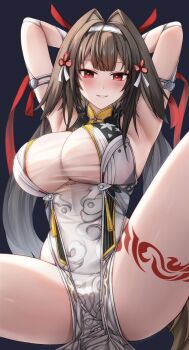 1girl absurdres arm_behind_head armpits arms_behind_head arms_up black_background blush breasts brown_hair chien_zero china_dress chinese_clothes closed_mouth commentary dress hair_intakes hair_ornament hair_spread_out hairband highres impossible_clothes large_breasts leg_tattoo long_hair looking_at_viewer pelvic_curtain red_eyes see-through_cleavage see-through_clothes simple_background smile solo spread_legs tassel tattoo thighs very_long_hair white_background white_hairband ye_shunguang zenless_zone_zero