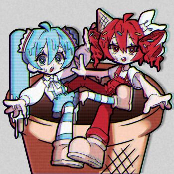 2girls ahoge blue_eyes blue_hair blue_skirt blue_suspenders blue_thighhighs bow bright_pupils collared_shirt commentary double-parted_bangs drill_hair english_commentary food food-themed_hair grey_background hair_bow hair_sprinkles hatsune_miku highres ice_cream_cone ice_cream_cone_on_head invisible_chair kasane_teto long_hair long_sleeves meruto_aisukuriimu_(vocaloid) multiple_girls my4nggg official_art overalls pale_skin popsicle red_eyes red_hair red_overalls shirt shoes short_sleeves simple_background sitting skirt sprinkles striped_clothes striped_thighhighs suspender_skirt suspenders synthesizer_v thighhighs toon_(style) twin_drills vhs_artifacts vocaloid white_bow white_pupils white_shirt white_thighhighs