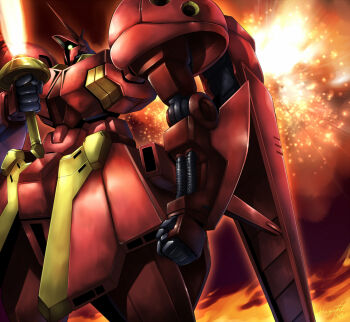 Rule 34 | clenched hand, commentary request, debris, energy sword, fighting stance, glowing, glowing eye, gundam, gundam zz, haganef, machinery, mecha, mecha focus, missile pod, mobile suit, muzzle, neo zeon, no humans, one-eyed, r-jarja, radio antenna, robot, science fiction, smoke, solo, sparks, sword, weapon