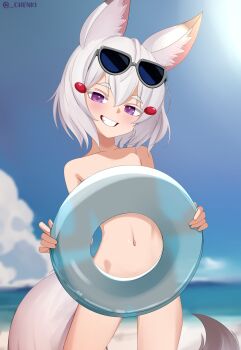 1girl absurdres animal_ears beach blue_sky chenki_(chenki) commentary day english_commentary eyewear_on_head fox_ears fox_tail grin highres holding innertube looking_at_viewer navel nude outdoors paid_reward_available phase_connect purple_eyes sky smile solo sunglasses swim_ring tail tenma_maemi virtual_youtuber