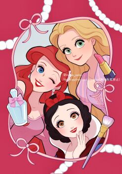 1girl absurdres ariel_(disney) black_hair blonde_hair blue_eyes bow disney disney_princess hair_bow highres looking_at_viewer moko_eaka multiple_girls open_mouth puffy_sleeves rapunzel_(disney) red_hair short_hair short_sleeves smile snow_white_(disney) snow_white_and_the_seven_dwarfs_(disney) tangled the_little_mermaid_(disney)